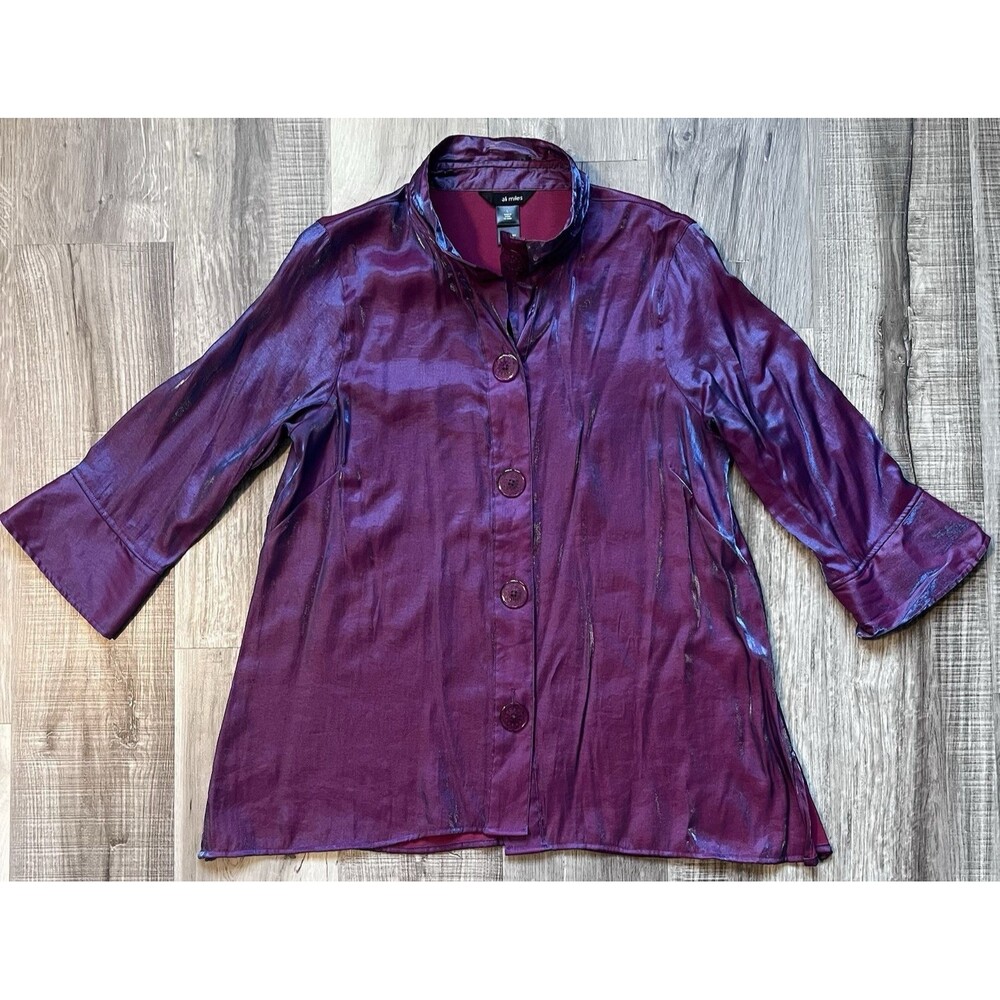 Ali Miles Shimmer Jacket Womens Large Iridescent Purple Button Tunic Wire Collar